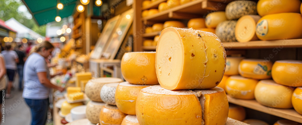 Vibrant cheese display at farmers market, traditional flavors Vibrant cheese display at farmers market, traditional flavors