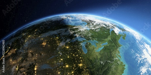 Fototapeta Naklejka Na Ścianę i Meble -  Highly detailed Earth with atmosphere, exaggerated relief and light-flooded cities. Transition from night to day. The northern U.S. states and Canada. 3D rendering. Elements of this image furnished by NASA