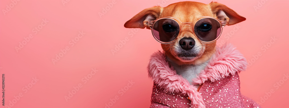 Sassy dog confidently poses in a sparkling outfit with oversized sunglasses against a vibrant pink background Sassy dog confidently poses in a sparkling outfit with oversized sunglasses against a vibrant pink background