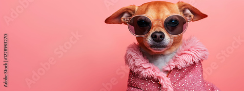 Sassy dog confidently poses in a sparkling outfit with oversized sunglasses against a vibrant pink background