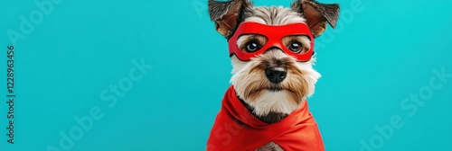 Superdog! Cute dog in red superhero cape and mask against a teal background. photo