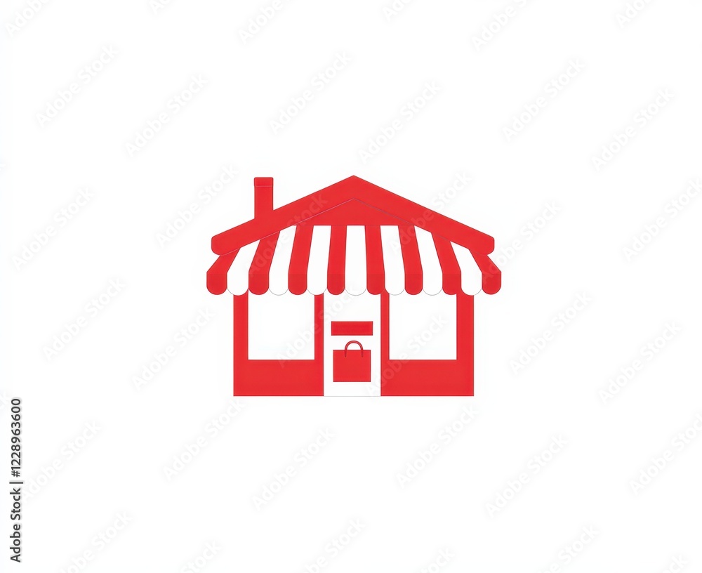 Fototapeta premium Red Storefront Icon with Striped Awning and Closed Sign on Door