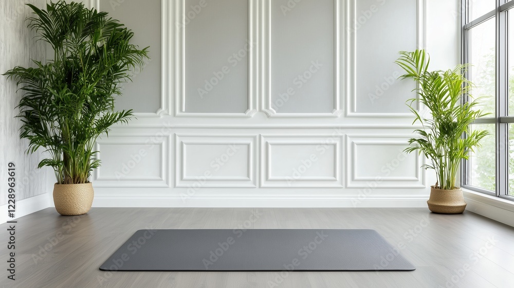 Modern yoga studio with two potted plants, gray mat on the floor, and white paneled walls. Tranquil wellness and fitness setting. Modern yoga studio with two potted plants, gray mat on the floor, and white paneled walls. Tranquil wellness and fitness setting.