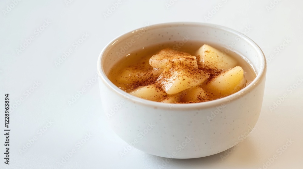 A minimalist bowl of freshly made apple compote, served in a plain white ceramic bowl with a light sprinkle of cinnamon, Compote centered A minimalist bowl of freshly made apple compote, served in a plain white ceramic bowl with a light sprinkle of cinnamon, Compote centered