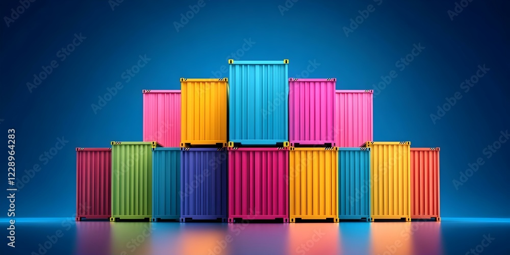 Obraz premium A colorful arrangement of shipping containers stacked in a pyramid shape against a blue background. Concept Shipping Container Art, Pyramid Arrangement, Colorful Design, Urban Aesthetics
