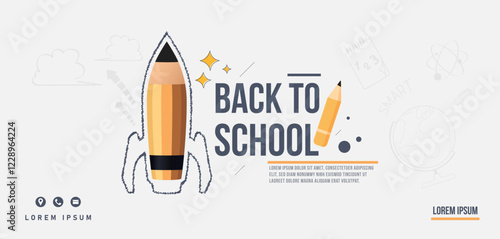 Design template to welcome back to school with a white background and stationery ornaments, rockets and abstract ornaments. Return to studying in the classroom