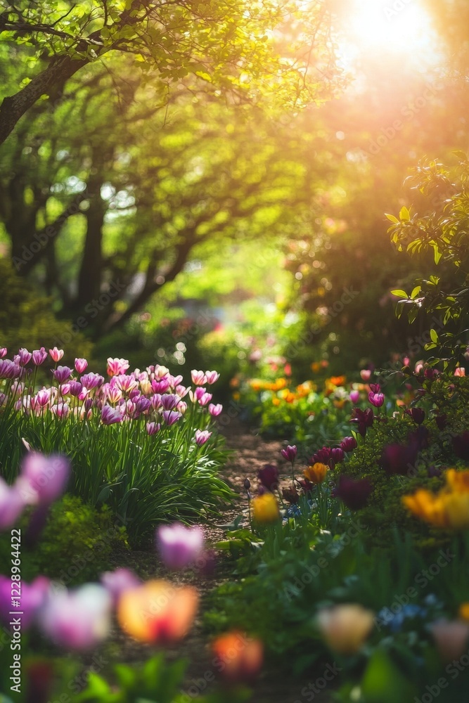 Spring Garden Path with Colorful Tulips Spring Garden Path with Colorful Tulips
