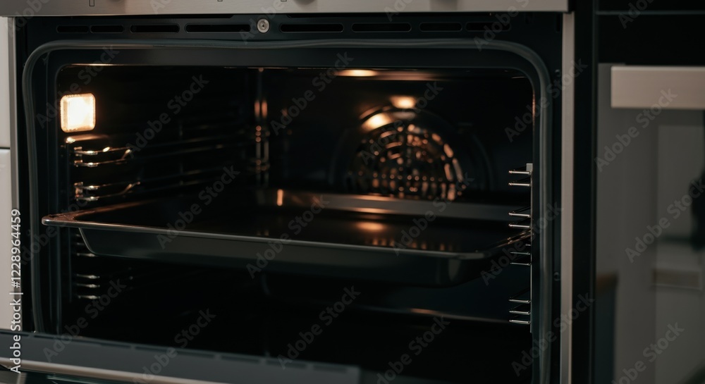 Modern empty kitchen oven with tray and light on inside Modern empty kitchen oven with tray and light on inside