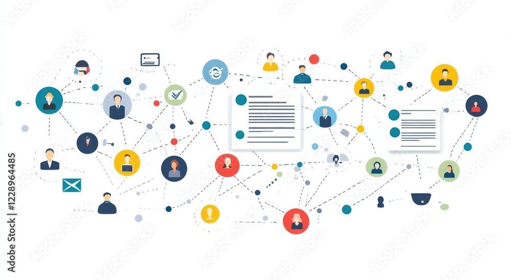 Networked people icons connected by lines and documents, illustrating teamwork, communication, and collaboration. Networked people icons connected by lines and documents, illustrating teamwork, communication, and collaboration.
