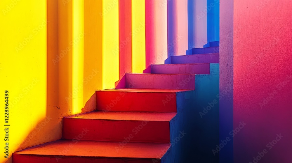 Obraz premium A striking image of a staircase with vivid colors and geometric patterns, showcasing modern design and dynamic lighting.