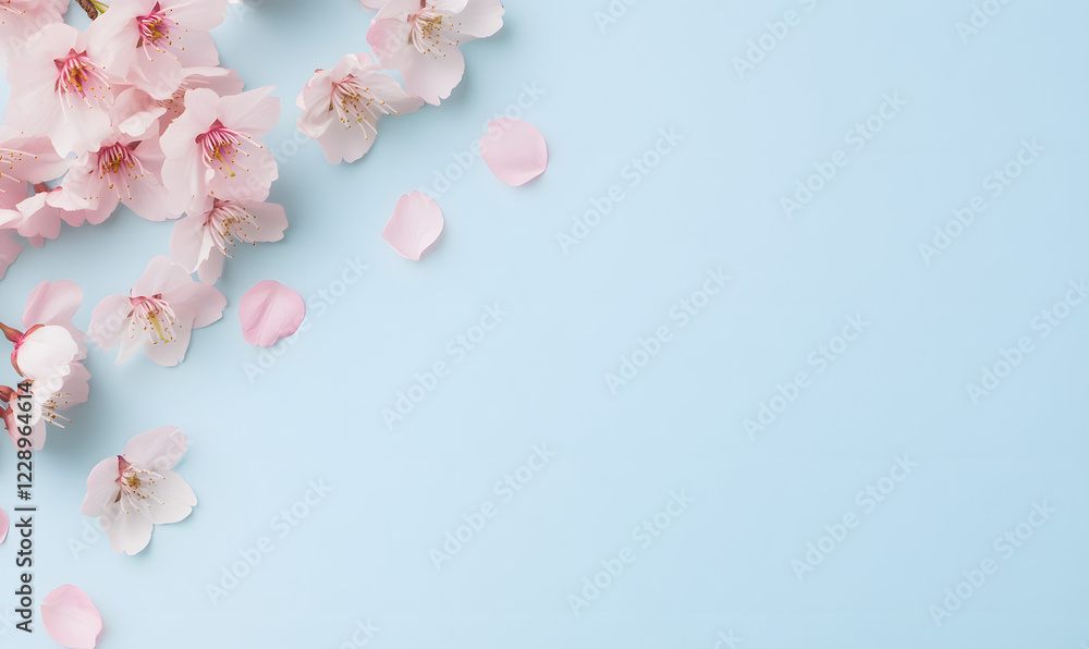 light blue background with cherry blossoms and petals floating in the air, Generative AI light blue background with cherry blossoms and petals floating in the air, Generative AI