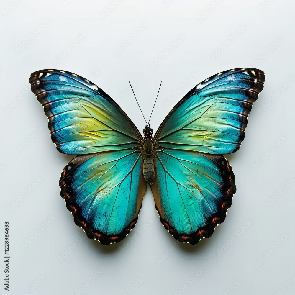 Fototapeta premium Vibrant multicolored tropical butterfly with spread wings on a white background insect beauty