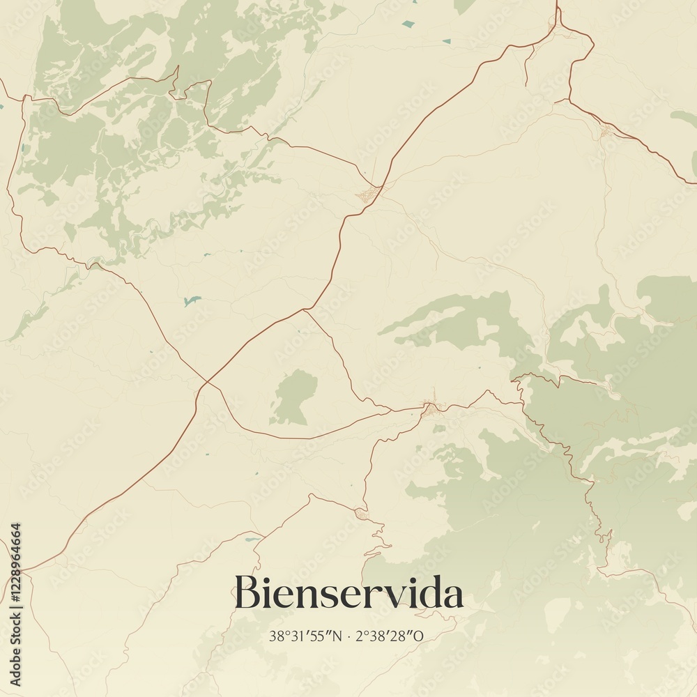 Fototapeta premium Retro Spanish map of Bienservida, Castilla-La Mancha. Vintage street map.