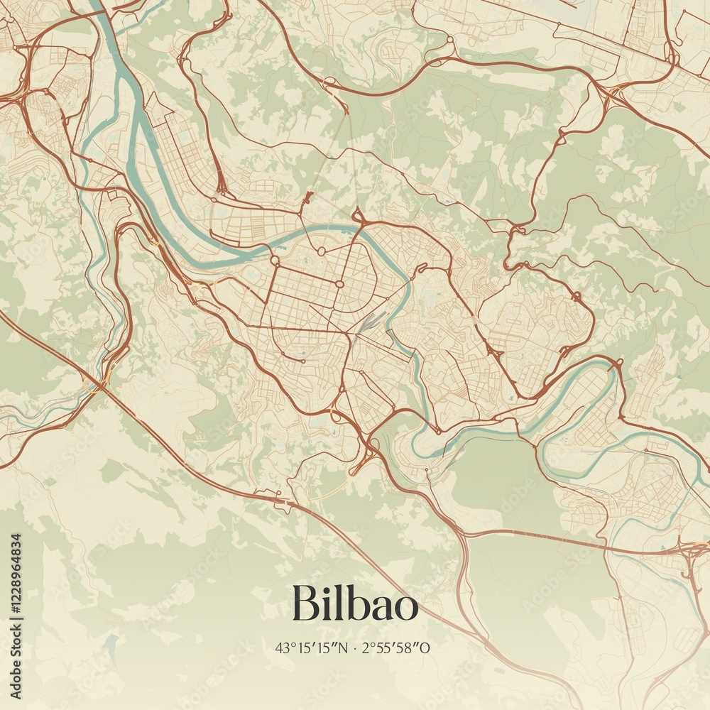 Fototapeta premium Retro Spanish map of Bilbao, Pa�s Vasco. Vintage street map.