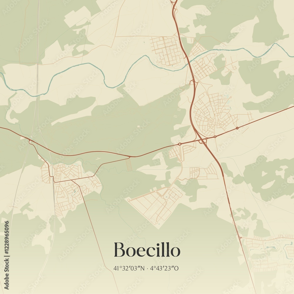 Fototapeta premium Retro Spanish map of Boecillo, Castilla y Le�n. Vintage street map.