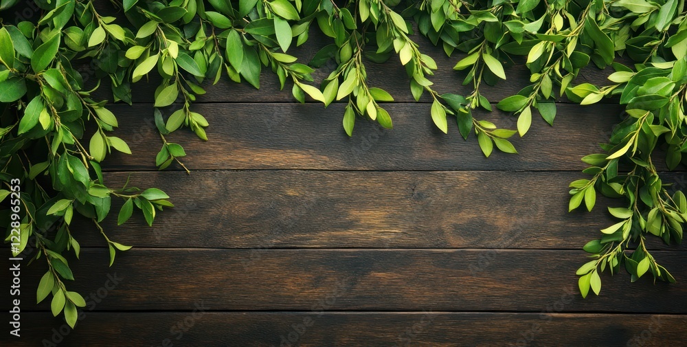 Obraz premium Lush green leaves border on dark brown wood.