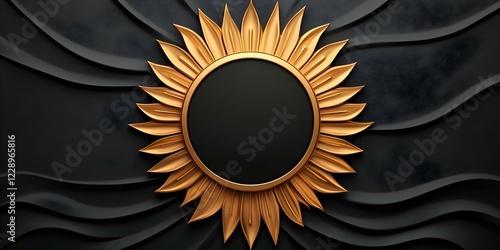 A decorative sun-shaped mirror frame with golden rays against a dark, textured background. Concept Decorative Mirror Design, Sun-Shaped Frame, Golden Rays, Dark Textured Background photo