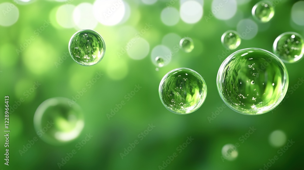 Green bubbles floating on blurred green background, evoking freshness and environmental themes. Perfect for eco-friendly, sustainability, and natural concepts.