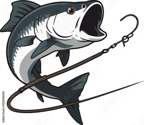 Dynamic Clip Art illustration Logo Design of a Fish leaping out of water while hooked during an exciting fishing adventure in a serene lake photo