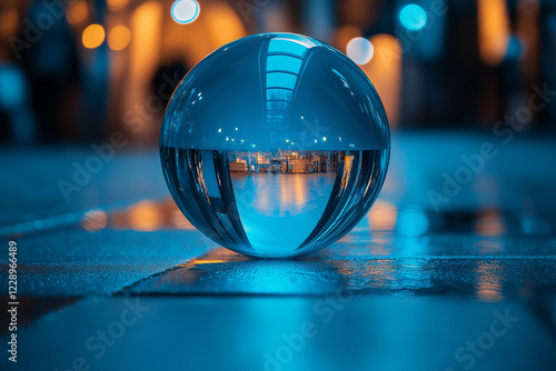 Crystal Ball Reflection Modern Cityscape Night Blue Lights Art Dark Cool Glass Urban Scene Image    