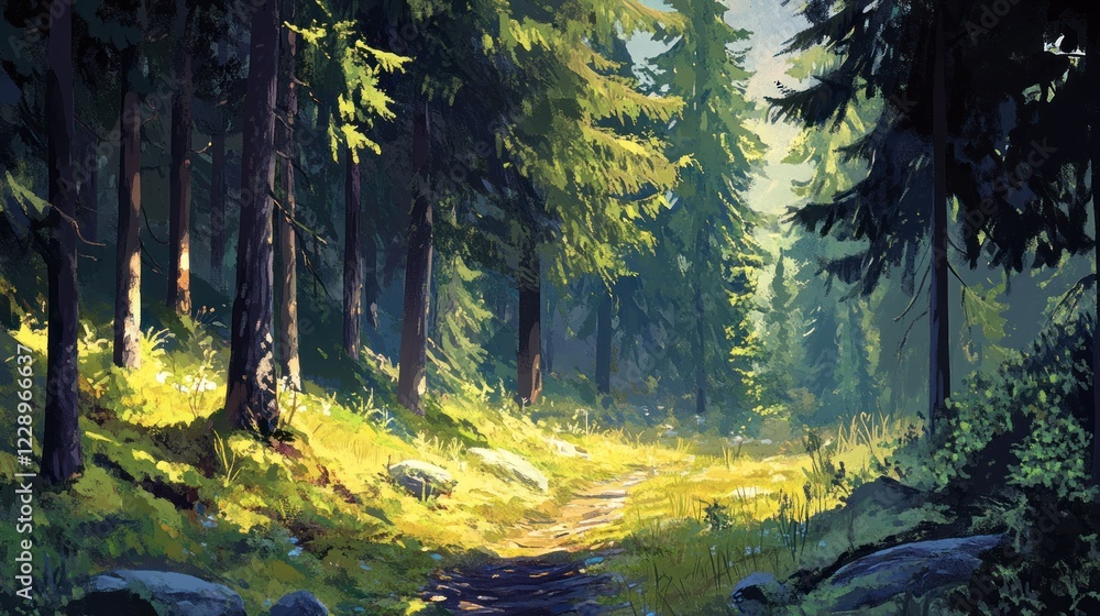 Obraz premium Sunlit path through a lush evergreen forest.