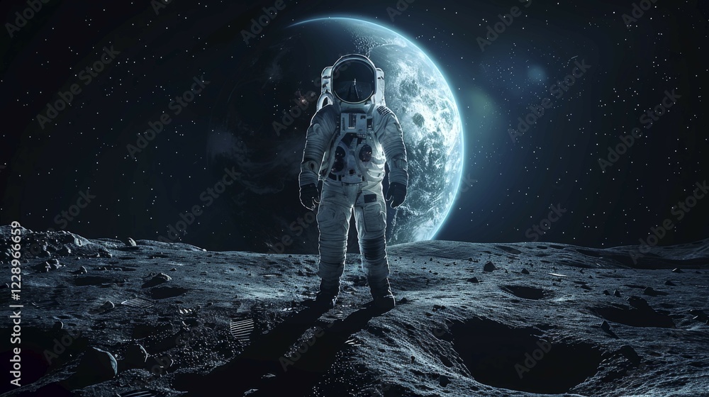 Obraz premium Astronaut on the moon gazing at earth, bathed in the light of the starry night sky and surrounded by craters, AI generated