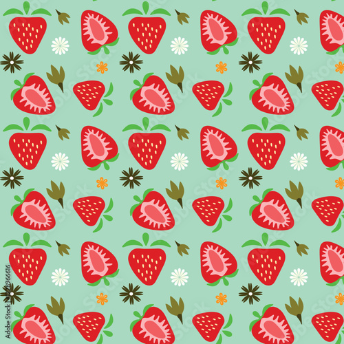 Seamless pattern with strawberries and flowers on a green background.