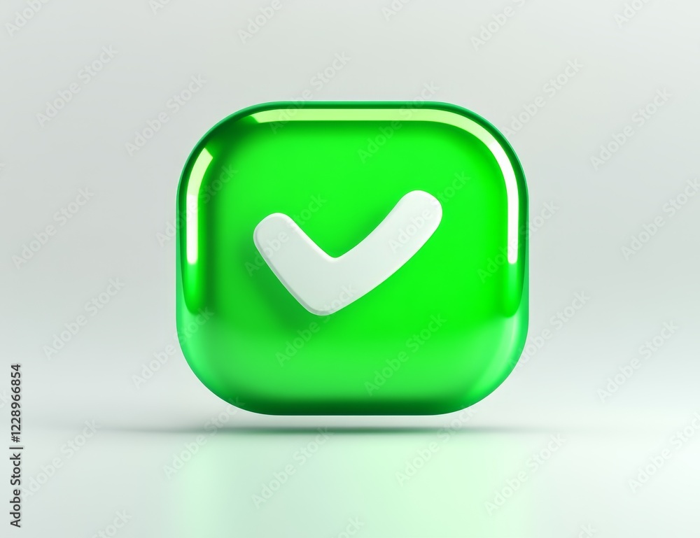 Glossy green square button with white checkmark. Glossy green square button with white checkmark.