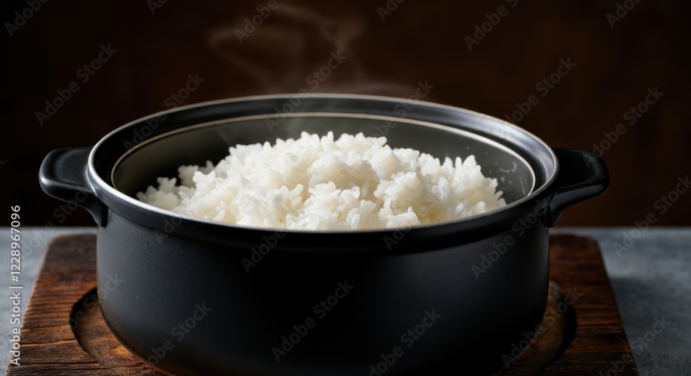 Steaming white rice in black pot on wooden board Steaming white rice in black pot on wooden board