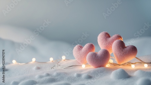 Festive Pink Hearts and Glowing Lights on Snowy Surface Winter Holiday Decoration