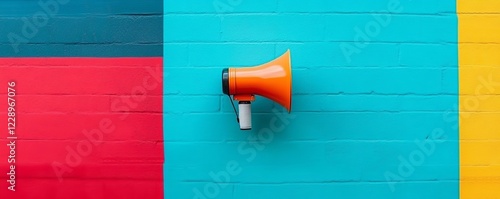 Orange megaphone on a colorful background 
