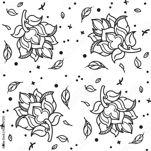 Dancing Blooms. This black and white line art image presents a delicate, flowing floral pattern, full of life and movement. Each flower blooms gracefully, surrounded by leaves, dots.