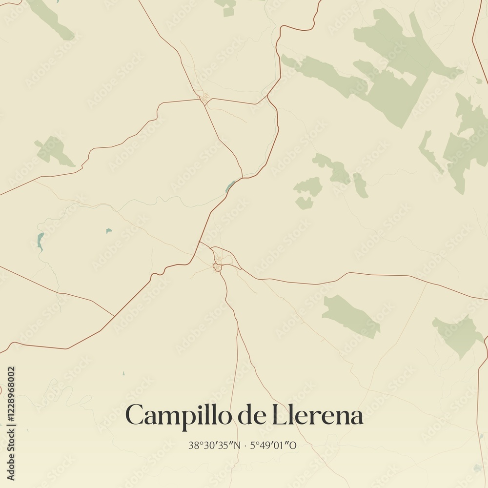 Fototapeta premium Retro Spanish map of Campillo de Llerena, Extremadura. Vintage street map.
