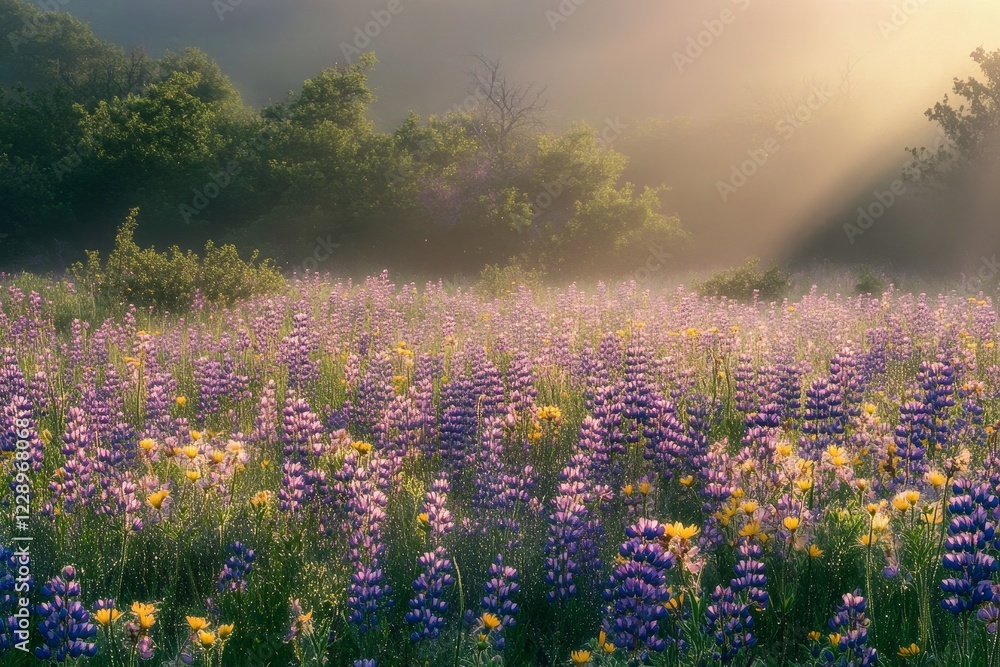 Naklejka premium A Misty Meadow of Vivid Flowers