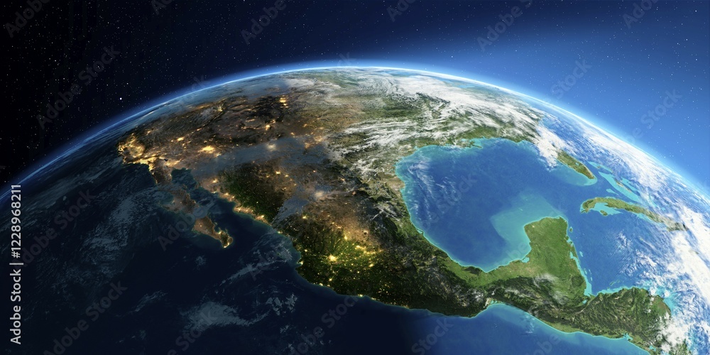 Obraz premium Highly detailed Earth with atmosphere, exaggerated relief and light-flooded cities. Transition from night to day. North America. Mexico. 3D rendering. Elements of this image furnished by NASA