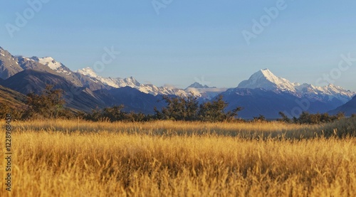 The peak of snowy Mount Cook, Aoraki with golden grassy landscape at sunrise,  Mount Cook National Park, Southern Alps, South Island, New Zealand, Oceania photo