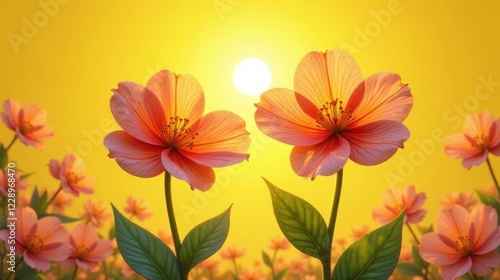 Wallpaper Mural Golden Hour Bloom Two Delicate Peach Blossoms Basking in the Warm Glow of a Setting Sun, Surrounded by a Field of Similar Flowers Torontodigital.ca