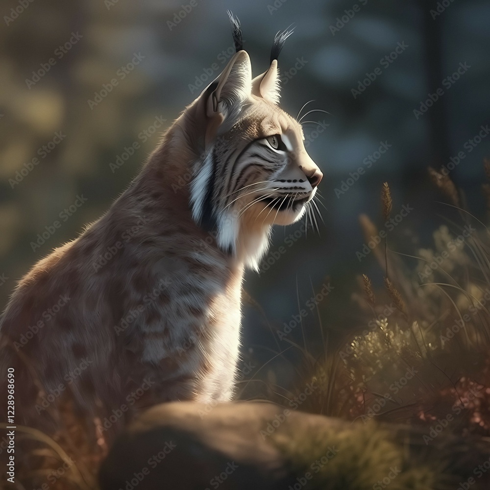 Fototapeta premium Lynx (Lynx Lynx) in a summery setting in the forest, with snowfall, ai generated