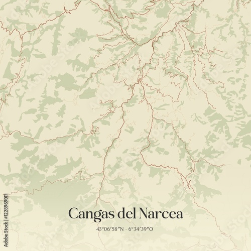 Retro Spanish map of Cangas del Narcea, Principado de Asturias. Vintage street map. photo