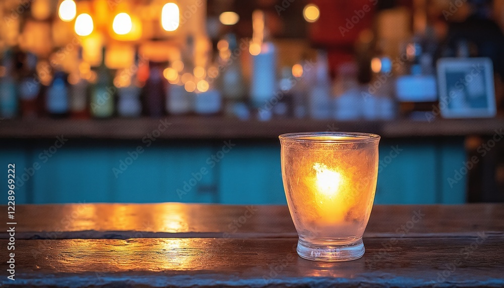 Nightlife Candlelight Illuminating Wooden Bar Counter with Blurred Drink Bottles Nightlife Candlelight Illuminating Wooden Bar Counter with Blurred Drink Bottles