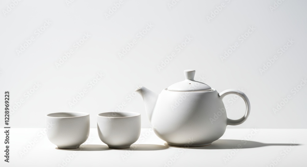 Minimalist ceramic teapot and cups on white background Minimalist ceramic teapot and cups on white background