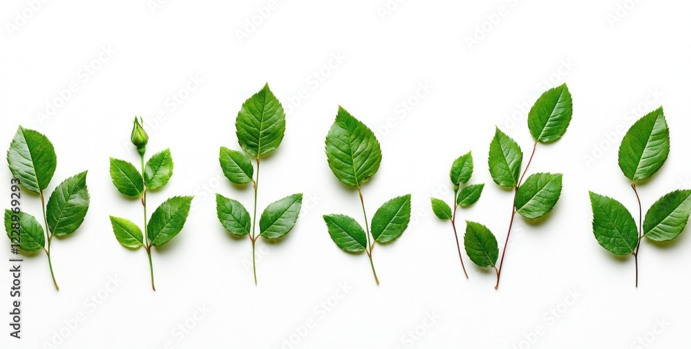 Obraz premium Row of green leaves and small branches on white background.
