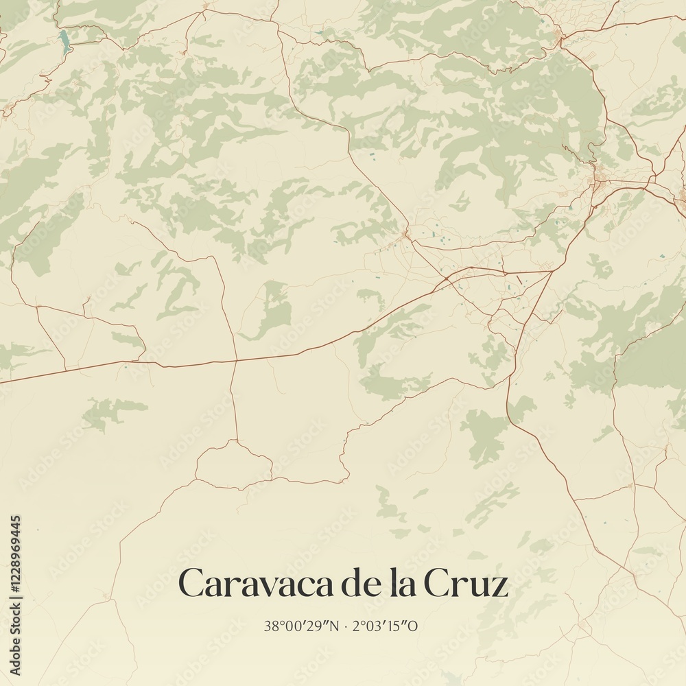 Fototapeta premium Retro Spanish map of Caravaca de la Cruz, Regi�n de Murcia. Vintage street map.
