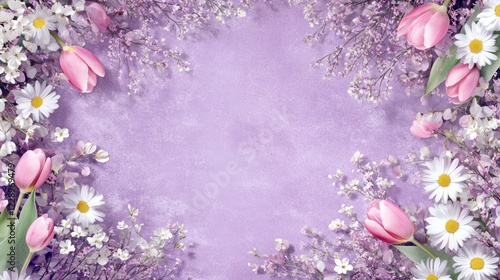 Spring flowers border on purple background.