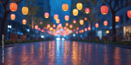 Luminous City Street at Night with Colorful Lanterns photo