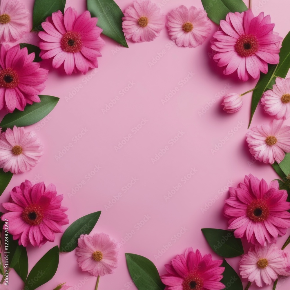 Pink flowers and green leaves creating a vibrant floral border on a pink background, AI generated Pink flowers and green leaves creating a vibrant floral border on a pink background, AI generated