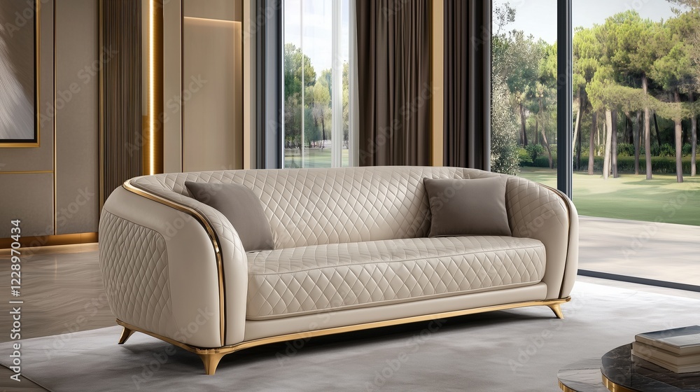 Fototapeta premium Beige quilted sofa in a luxurious living room with large windows overlooking green trees. Interior design concept for comfort and elegance.