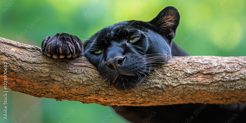 Black jaguar resting on tree branch with serene expression in lush green background Black jaguar resting on tree branch with serene expression in lush green background