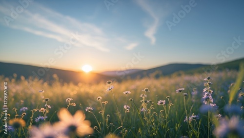 Overhead Sunrise Illumination on Wildflowers in a Serene Landscape photo