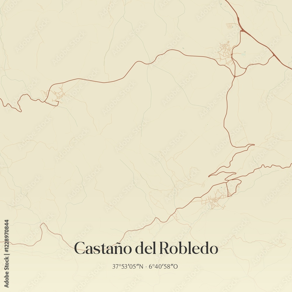 Fototapeta premium Retro Spanish map of Casta�o del Robledo, Andaluc�a. Vintage street map.